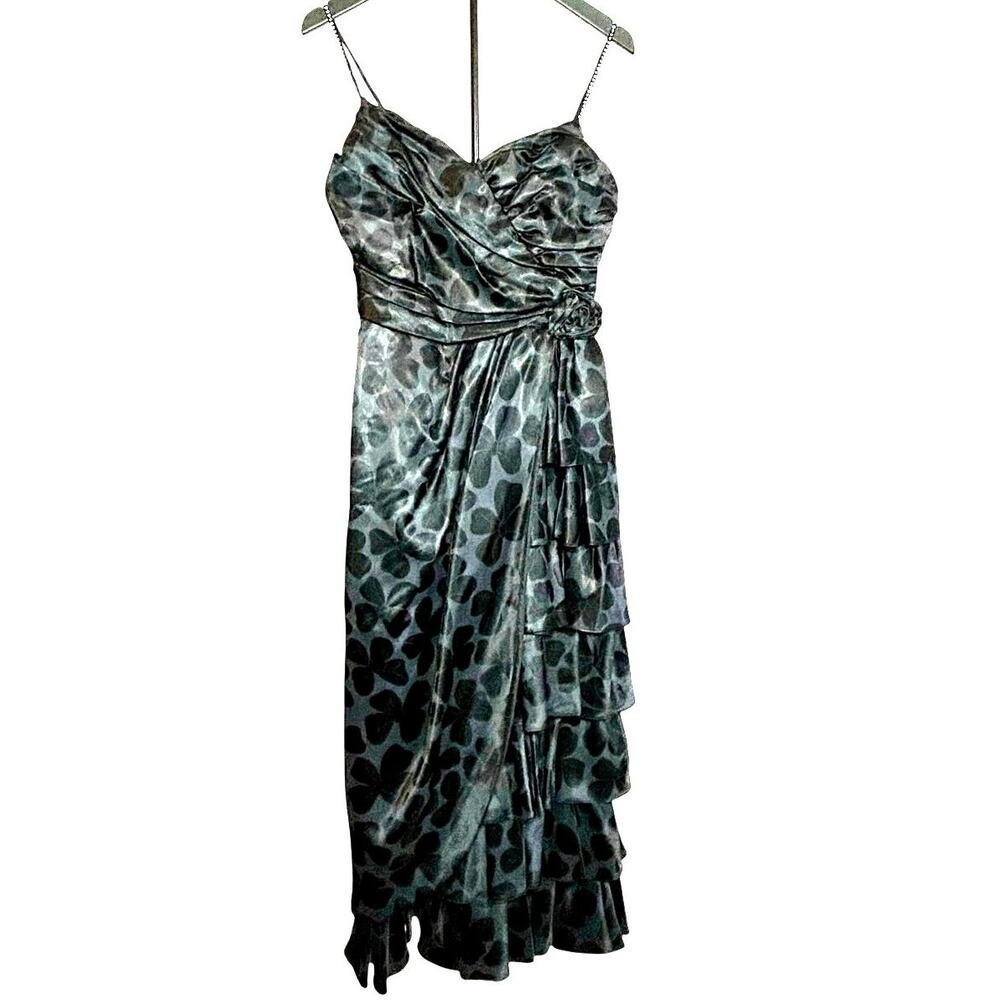 VTG 80s Black Floral Jacquard Tiered Prom Gown Rhinestone Straps Rosette Size 4
